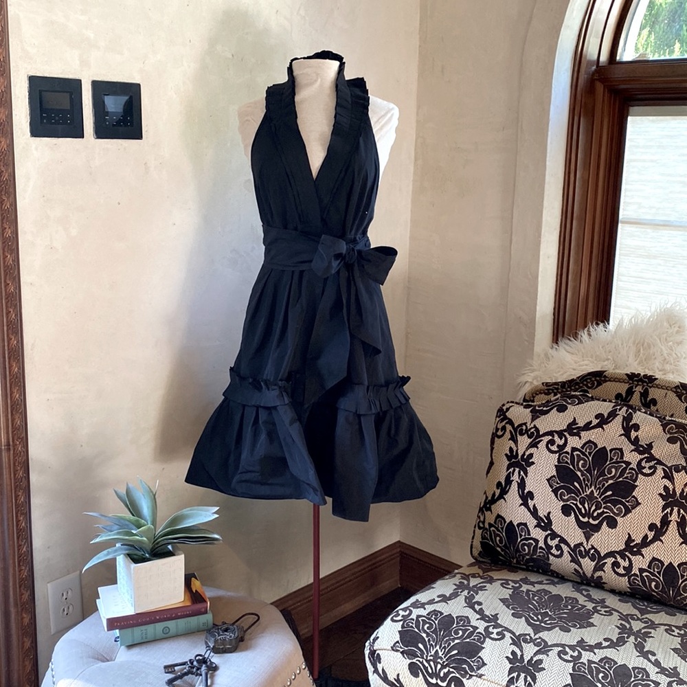 Bcbg MaxAzria SIZE 12 halter black taffeta dress with ruffles and much detail